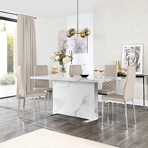 Magnus White Marble Dining Table with 4 Renzo Stone Grey Leather Chairs