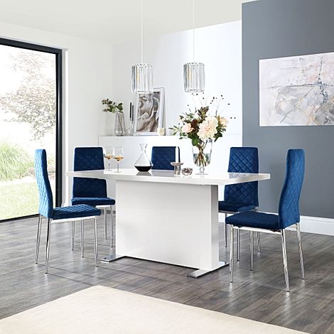 Magnus White High Gloss Dining Table with 4 Renzo Blue Velvet Chairs