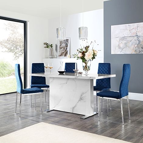 Magnus White Marble Dining Table with 4 Renzo Blue Velvet Chairs