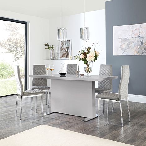 Magnus Grey High Gloss Dining Table with 4 Renzo Grey Velvet Chairs