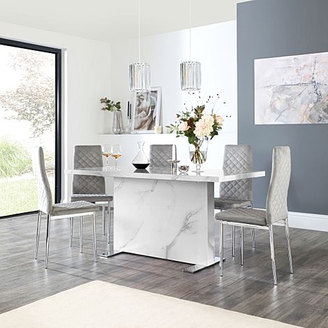 Magnus White Marble Dining Table with 4 Renzo Grey Velvet Chairs