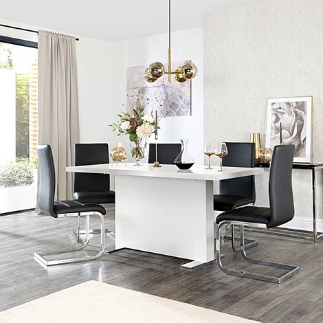Magnus White High Gloss Dining Table with 4 Perth Black Leather Chairs