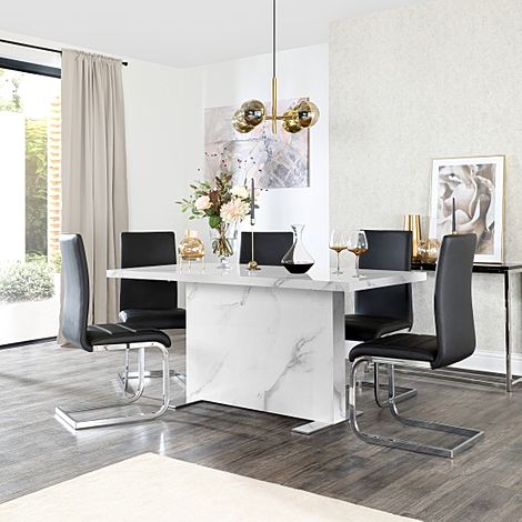 Magnus White Marble Dining Table with 4 Perth Black Leather Chairs