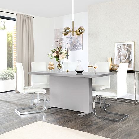 Magnus Grey High Gloss Dining Table with 4 Perth White Leather Chairs