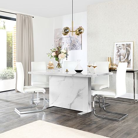 Magnus White Marble Dining Table with 4 Perth White Leather Chairs