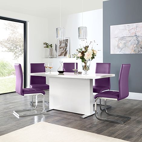 Magnus White High Gloss Dining Table with 4 Perth Purple Leather Chairs