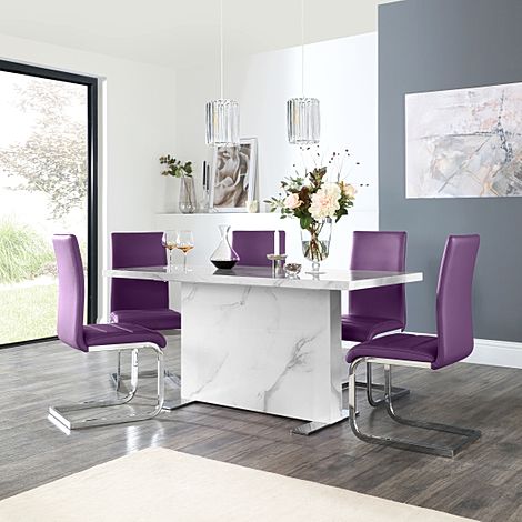 Magnus White Marble Dining Table with 4 Perth Purple Leather Chairs