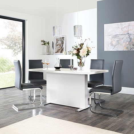 Magnus White High Gloss Dining Table with 4 Perth Grey Leather Chairs