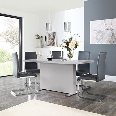 Magnus Grey High Gloss Dining Table with 4 Perth Grey Leather Chairs