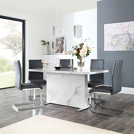 Magnus White Marble Dining Table with 4 Perth Grey Leather Chairs