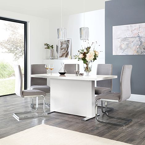 Magnus White High Gloss Dining Table with 4 Perth Grey Velvet Chairs