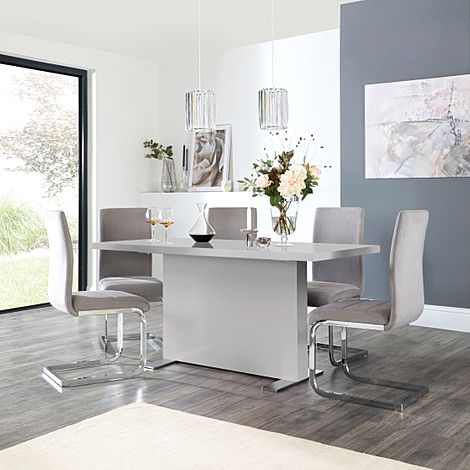 Magnus Grey High Gloss Dining Table with 6 Perth Grey Velvet Chairs