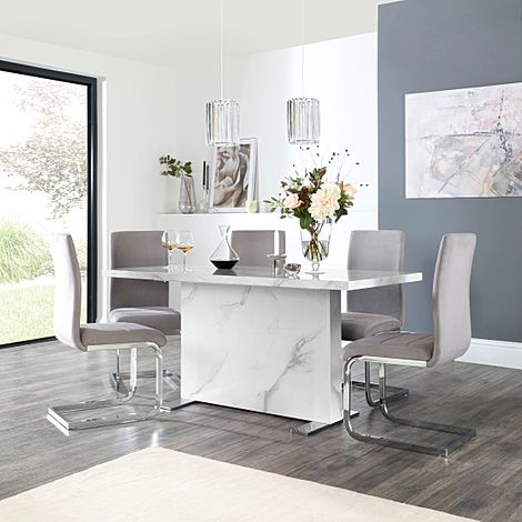 Magnus White Marble Dining Table with 6 Perth Grey Velvet Chairs