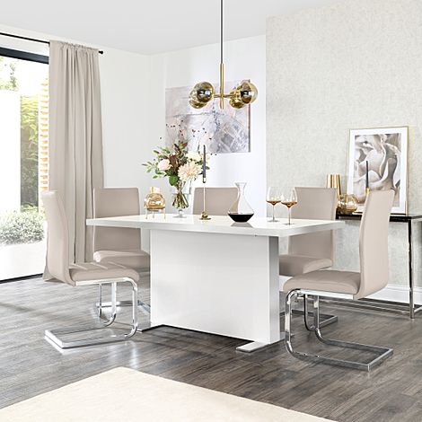 Magnus White High Gloss Dining Table with 4 Perth Stone Grey Leather Chairs