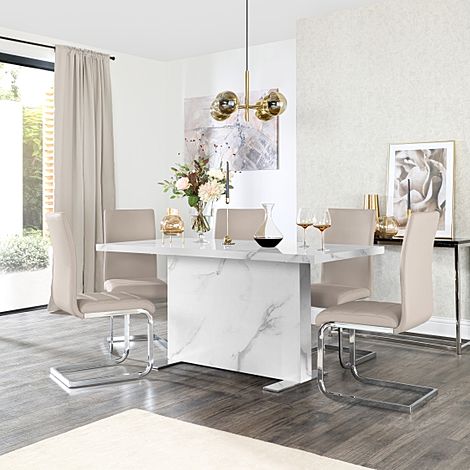 Magnus White Marble Dining Table with 4 Perth Stone Grey Leather Chairs