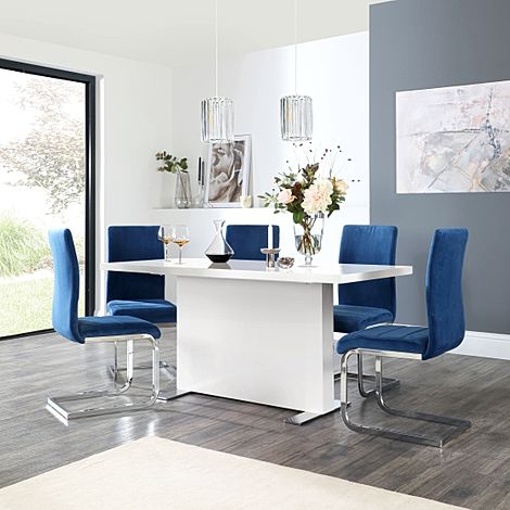 Magnus White High Gloss Dining Table with 4 Perth Blue Velvet Chairs