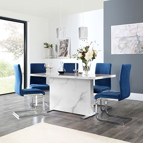 Magnus White Marble Dining Table with 4 Perth Blue Velvet Chairs