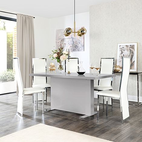 Magnus Grey High Gloss Dining Table with 4 Celeste White Leather Chairs