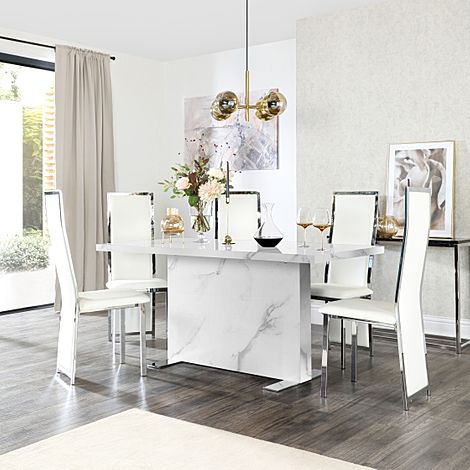 Magnus White Marble Dining Table with 4 Celeste White Leather Chairs