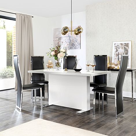 Magnus White High Gloss Dining Table with 4 Celeste Black Leather Chairs