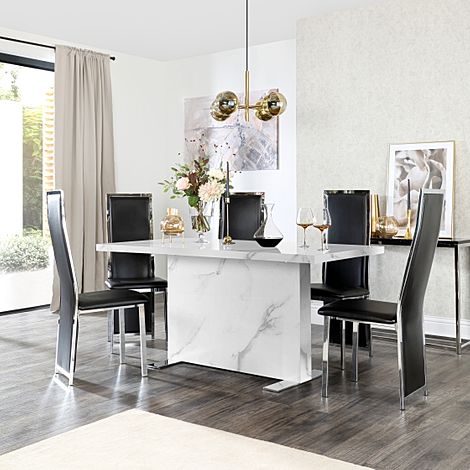 Magnus White Marble Dining Table with 6 Celeste Black Leather Chairs