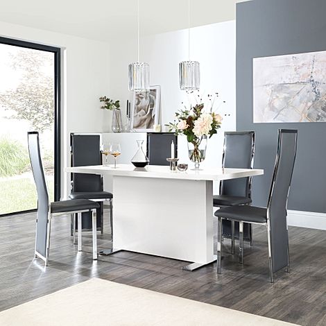 Magnus White High Gloss Dining Table with 4 Celeste Grey Leather Chairs