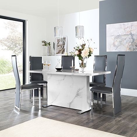 Magnus White Marble Dining Table with 4 Celeste Grey Leather Chairs