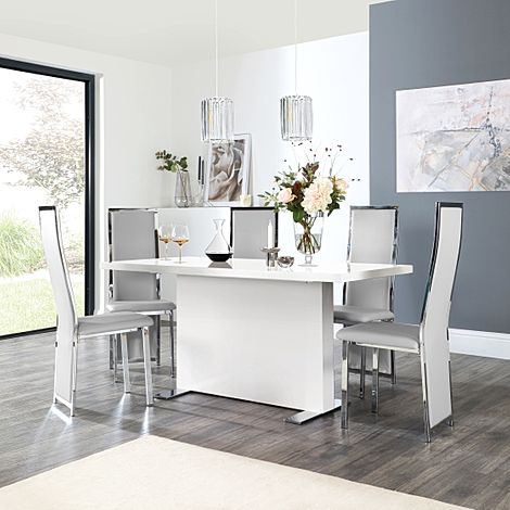 Magnus White High Gloss Dining Table with 6 Celeste Light Grey Leather Chairs