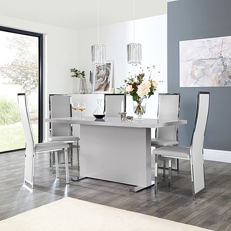 Magnus Grey High Gloss Dining Table with 4 Celeste Light Grey Leather Chairs