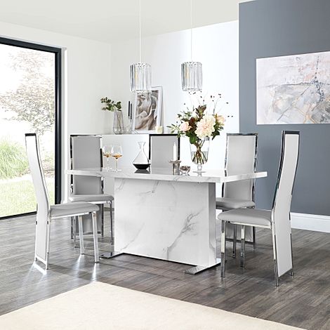 Magnus White Marble Dining Table with 6 Celeste Light Grey Leather Chairs