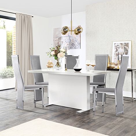 Magnus White High Gloss Dining Table with 4 Celeste Grey Velvet Chairs