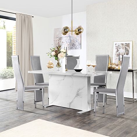 Magnus White Marble Dining Table with 4 Celeste Grey Velvet Chairs