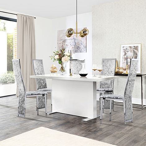 Magnus White High Gloss Dining Table with 4 Celeste Silver Crushed Velvet Chairs