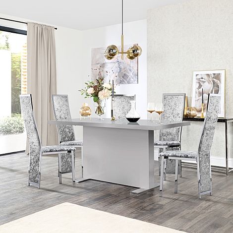 Magnus Grey High Gloss Dining Table with 4 Celeste Silver Crushed Velvet Chairs