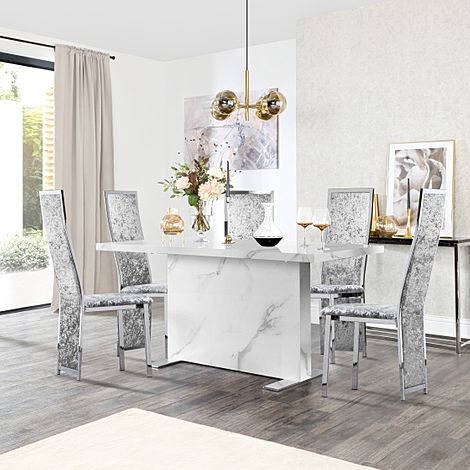 Magnus White Marble Dining Table with 4 Celeste Silver Crushed Velvet Chairs