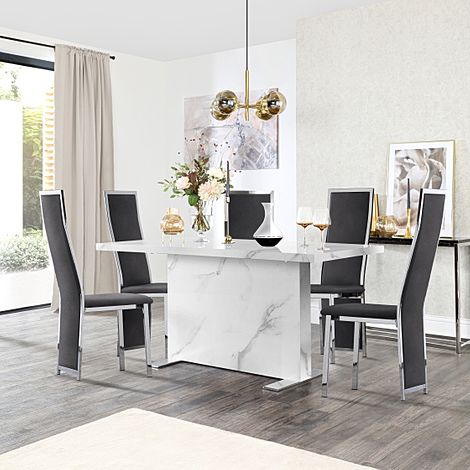 Magnus White Marble Dining Table with 4 Celeste Black Velvet Chairs