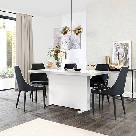 Magnus White High Gloss Dining Table with 4 Modena Black Fabric Chairs