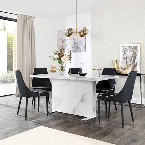 Magnus White Marble Dining Table with 4 Modena Black Fabric Chairs
