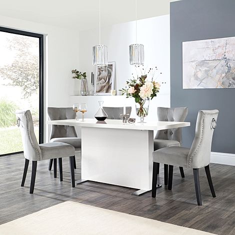 Magnus White High Gloss Dining Table with 4 Kensington Grey Velvet Chairs