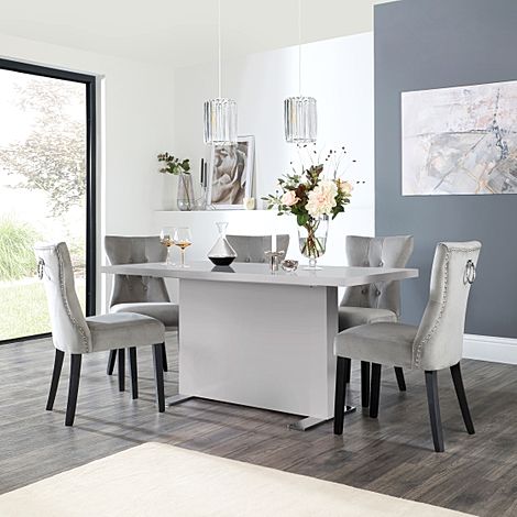 Magnus Grey High Gloss Dining Table with 4 Kensington Grey Velvet Chairs