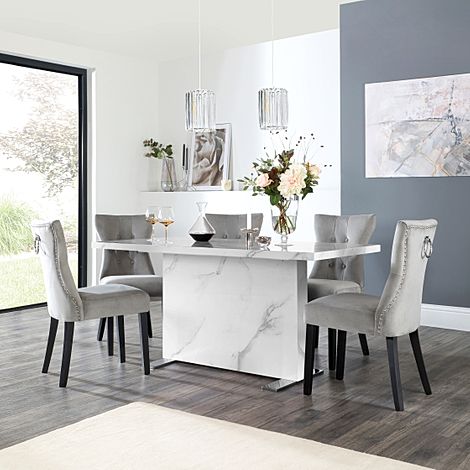Magnus White Marble Dining Table with 6 Kensington Grey Velvet Chairs
