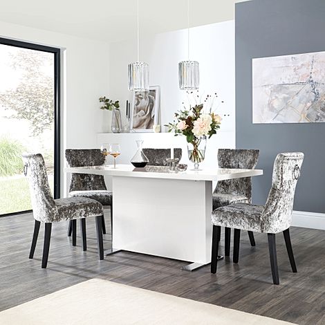 Magnus White High Gloss Dining Table with 4 Kensington Silver Crushed Velvet Chairs