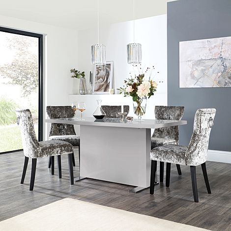 Magnus Grey High Gloss Dining Table with 6 Kensington Silver Crushed Velvet Chairs