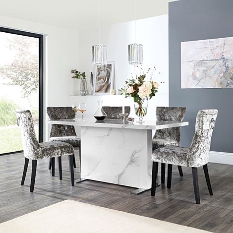 Magnus White Marble Dining Table with 4 Kensington Silver Crushed Velvet Chairs