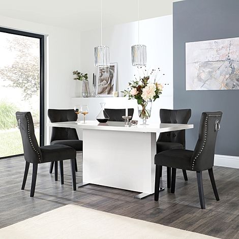 Magnus White High Gloss Dining Table with 4 Kensington Black Velvet Chairs