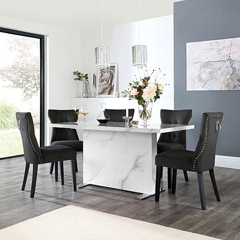 Magnus White Marble Dining Table with 4 Kensington Black Velvet Chairs