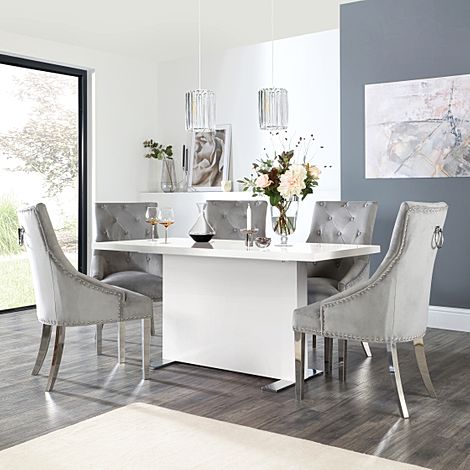 Magnus White High Gloss Dining Table with 4 Imperial Grey Velvet Chairs