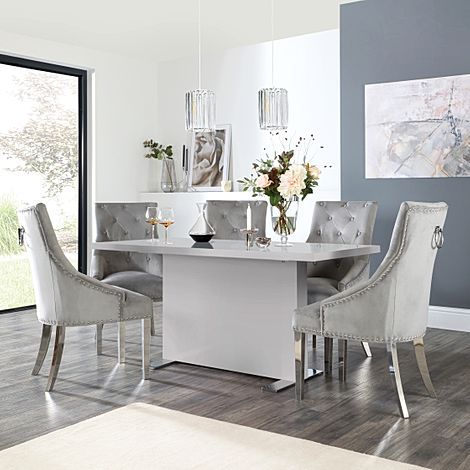 Magnus Grey High Gloss Dining Table with 6 Imperial Grey Velvet Chairs
