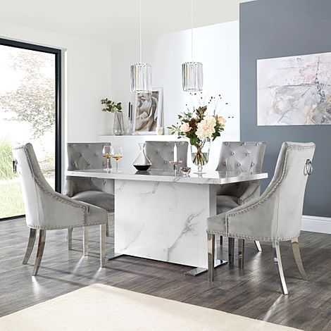 Magnus White Marble Dining Table with 4 Imperial Grey Velvet Chairs