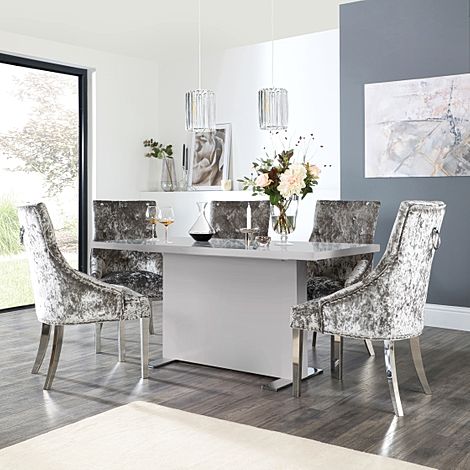 Magnus Grey High Gloss Dining Table with 4 Imperial Silver Crushed Velvet Chairs